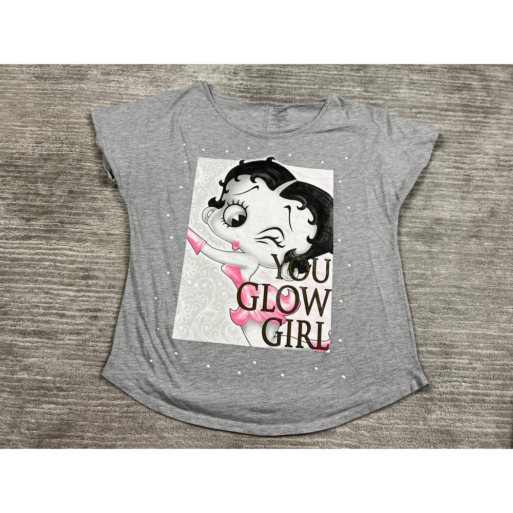 Betty Boop T-Shirt Women XL Gray You Glow Girl Graphic Pearl Studded Scoop Neck